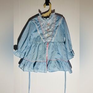 Vintage 70s Minton Key Ward Blue Polka Dot Lace Ruffle Dress 2T Made USA